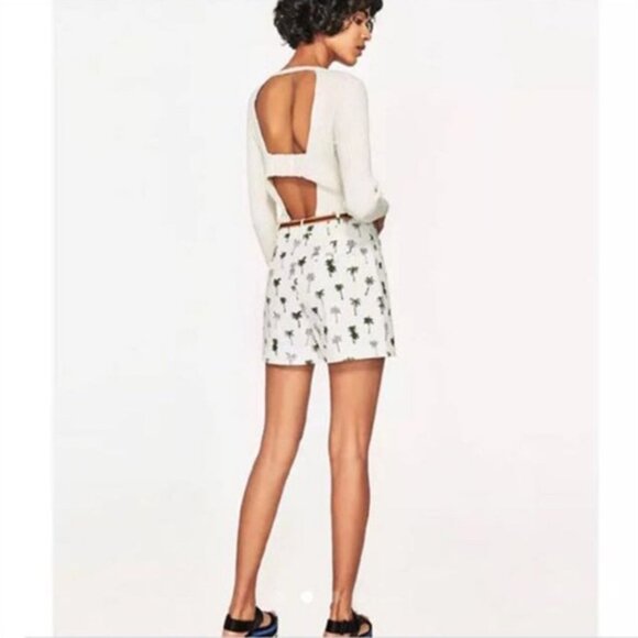 Zara Palm Tree Shorts Belted Stretch Tropical High Waist White Green Tan XS - Picture 3 of 10